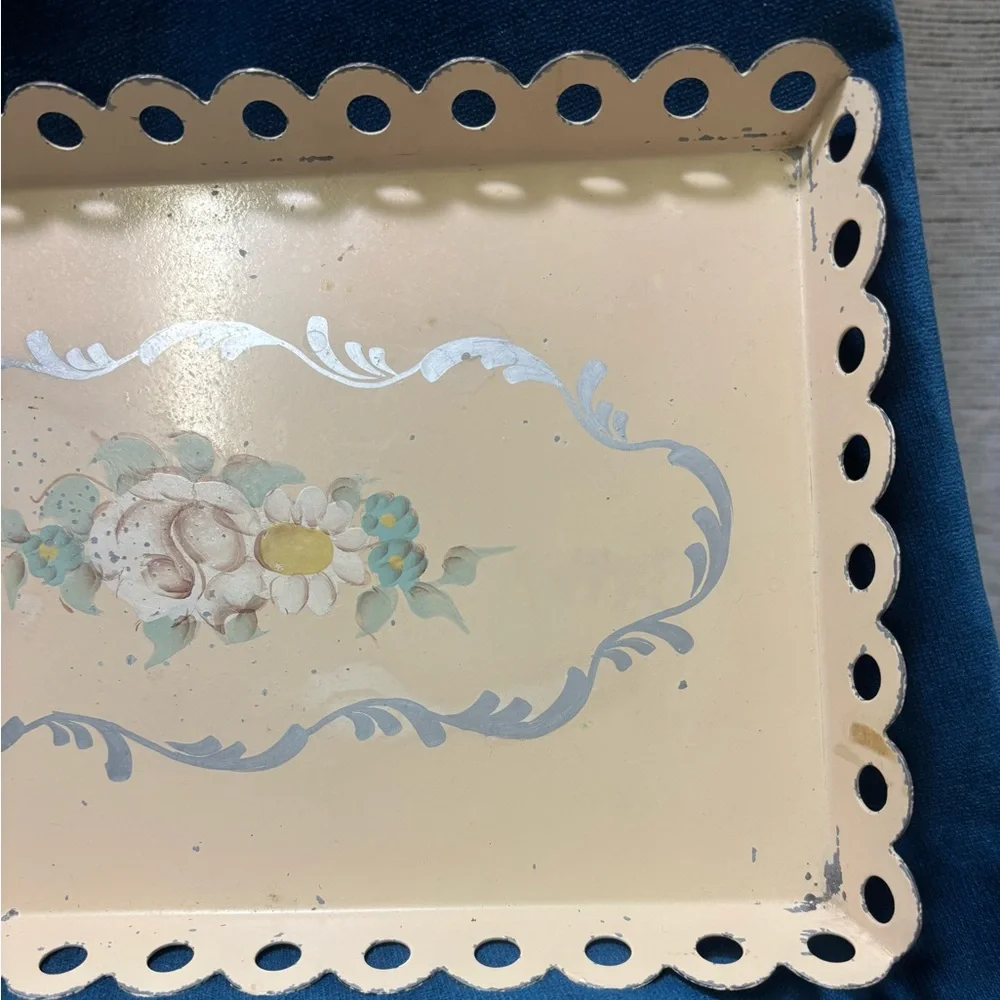Vintage Hand-Painted “ Toleware” Floral Cream/Peach Decorative Tray